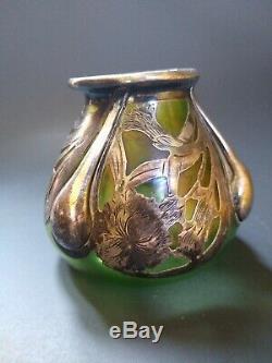 Loetz Alvin Art Nouveau, Silver Overlay Green teardrop drips flowers signed WOW