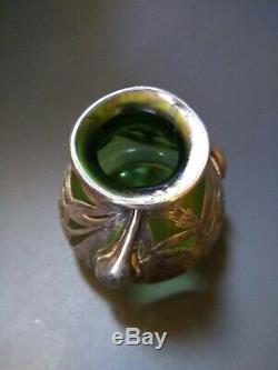 Loetz Alvin Art Nouveau, Silver Overlay Green teardrop drips flowers signed WOW