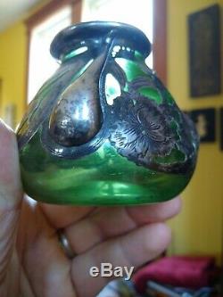 Loetz Alvin Art Nouveau, Silver Overlay Green teardrop drips flowers signed WOW