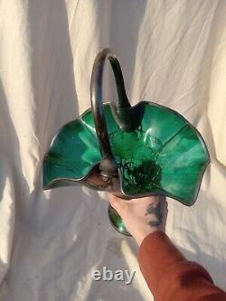 Loetz Art Nouveau Green Art Glass Basket Vase Pewter Overlay 19th Century