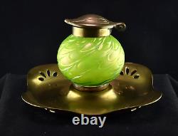 Loetz Art Nouveau Green Iridescent Art Glass and Brass Inkwell c1915