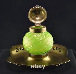 Loetz Art Nouveau Green Iridescent Art Glass and Brass Inkwell c1915