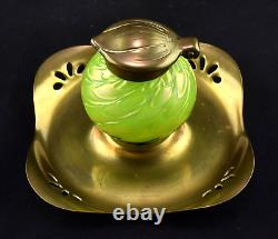 Loetz Art Nouveau Green Iridescent Art Glass and Brass Inkwell c1915