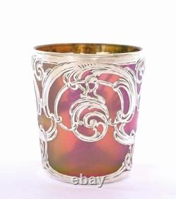 Loetz Art Nouveau Iridescent GREEN & PINK Glass Sterling Overlay Cup La Pierre