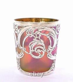 Loetz Art Nouveau Iridescent GREEN & PINK Glass Sterling Overlay Cup La Pierre