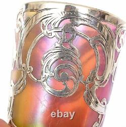 Loetz Art Nouveau Iridescent GREEN & PINK Glass Sterling Overlay Cup La Pierre