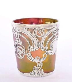 Loetz Art Nouveau Iridescent GREEN & PINK Glass Sterling Overlay Cup La Pierre