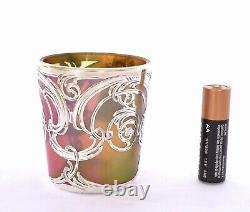 Loetz Art Nouveau Iridescent GREEN & PINK Glass Sterling Overlay Cup La Pierre