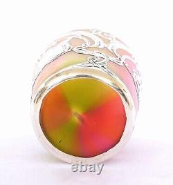 Loetz Art Nouveau Iridescent GREEN & PINK Glass Sterling Overlay Cup La Pierre