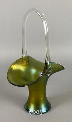 Loetz Art Nouveau Iridescent Green Art Glass Basket 10Tall