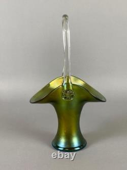 Loetz Art Nouveau Iridescent Green Art Glass Basket 10Tall