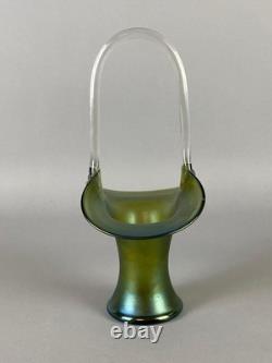 Loetz Art Nouveau Iridescent Green Art Glass Basket 10Tall