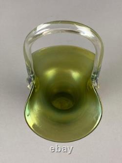 Loetz Art Nouveau Iridescent Green Art Glass Basket 10Tall
