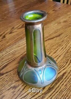 Loetz Bohemian Kralik Arts & Crafts Green Art Glass Vase with Copper Overlay