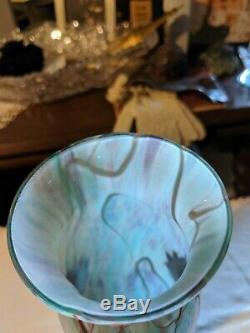 Loetz Cased Art Glass Vase Bluish Iridescent Threaded & Flowers Pallme Konig