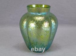 Loetz Creda Papillon Green Iridescent Bohemian 4 3/4 Inch Glass Vase Circa 1900