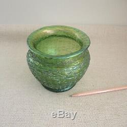Loetz Crete Chine Vase Iridescent Art Nouveau Threaded Green Glass Bowl Vtg 1900