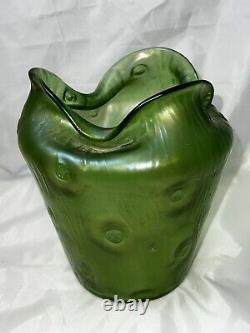 Loetz Crete Rusticana Green Iridescent Art Nouveau Silberiris Finish Vase