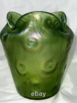 Loetz Crete Rusticana Green Iridescent Art Nouveau Silberiris Finish Vase