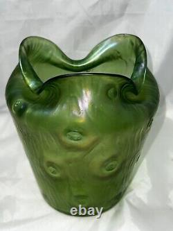 Loetz Crete Rusticana Green Iridescent Art Nouveau Silberiris Finish Vase