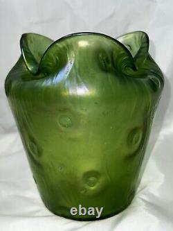 Loetz Crete Rusticana Green Iridescent Art Nouveau Silberiris Finish Vase