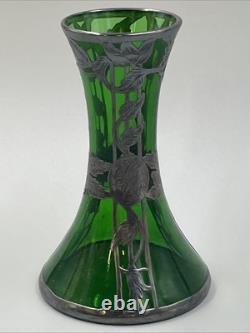 Loetz Emerald Green Glass Sterling Silver Flower Overlay Art Nouveau 6 Vase #85