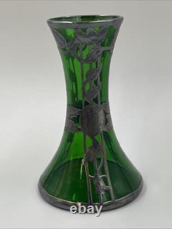 Loetz Emerald Green Glass Sterling Silver Flower Overlay Art Nouveau 6 Vase #85