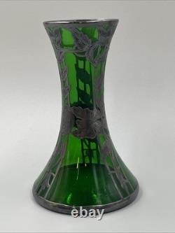 Loetz Emerald Green Glass Sterling Silver Flower Overlay Art Nouveau 6 Vase #85
