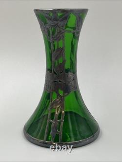 Loetz Emerald Green Glass Sterling Silver Flower Overlay Art Nouveau 6 Vase #85