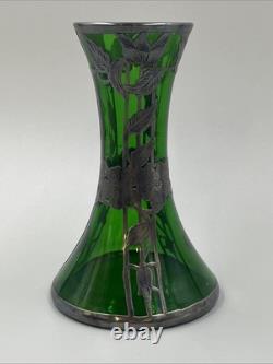 Loetz Emerald Green Glass Sterling Silver Flower Overlay Art Nouveau 6 Vase #85