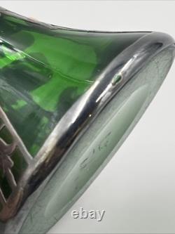 Loetz Emerald Green Glass Sterling Silver Flower Overlay Art Nouveau 6 Vase #85