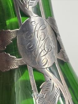 Loetz Emerald Green Glass Sterling Silver Flower Overlay Art Nouveau 6 Vase #85