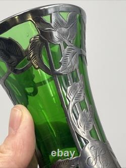 Loetz Emerald Green Glass Sterling Silver Flower Overlay Art Nouveau 6 Vase #85