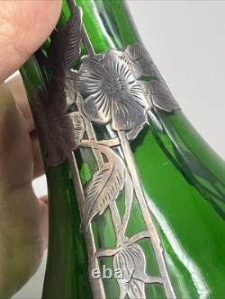Loetz Emerald Green Glass Sterling Silver Flower Overlay Art Nouveau 6 Vase #85