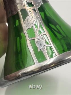 Loetz Emerald Green Glass Sterling Silver Flower Overlay Art Nouveau 6 Vase #85