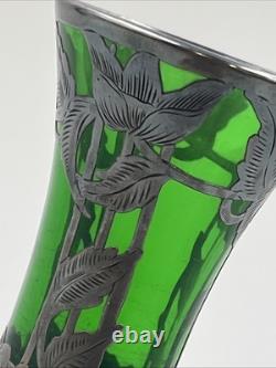 Loetz Emerald Green Glass Sterling Silver Flower Overlay Art Nouveau 6 Vase #85