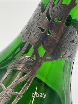 Loetz Emerald Green Glass Sterling Silver Flower Overlay Art Nouveau 6 Vase #85