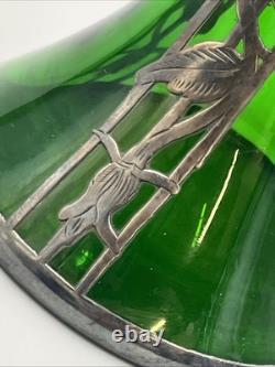 Loetz Emerald Green Glass Sterling Silver Flower Overlay Art Nouveau 6 Vase #85