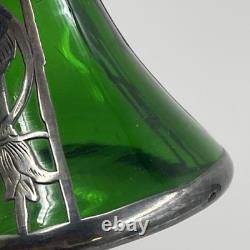 Loetz Emerald Green Glass Sterling Silver Flower Overlay Art Nouveau 6 Vase #85