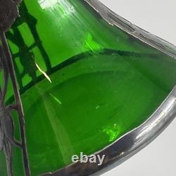 Loetz Emerald Green Glass Sterling Silver Flower Overlay Art Nouveau 6 Vase #85