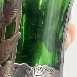 Loetz Emerald Green Glass Sterling Silver Flower Overlay Art Nouveau 6 Vase #85