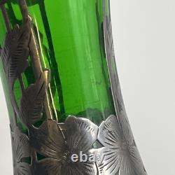 Loetz Emerald Green Glass Sterling Silver Flower Overlay Art Nouveau 6 Vase #85