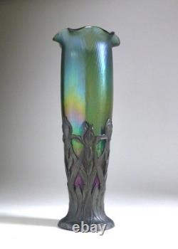 Loetz Glass Antique Art Nouveau Iridescent Glass Vase with Metal Stand c. 1900