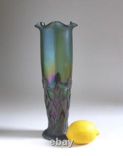 Loetz Glass Antique Art Nouveau Iridescent Glass Vase with Metal Stand c. 1900