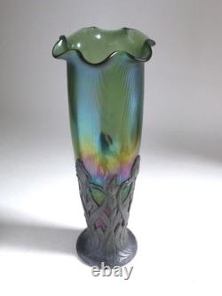 Loetz Glass Antique Art Nouveau Iridescent Glass Vase with Metal Stand c. 1900