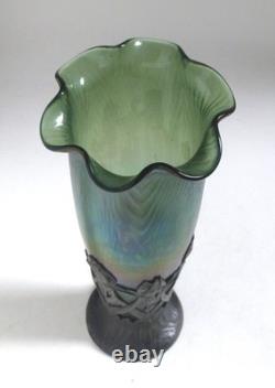 Loetz Glass Antique Art Nouveau Iridescent Glass Vase with Metal Stand c. 1900