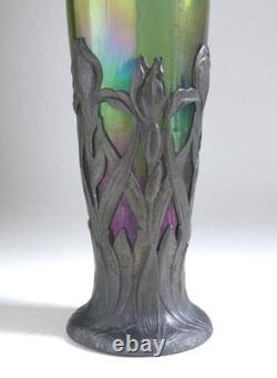 Loetz Glass Antique Art Nouveau Iridescent Glass Vase with Metal Stand c. 1900