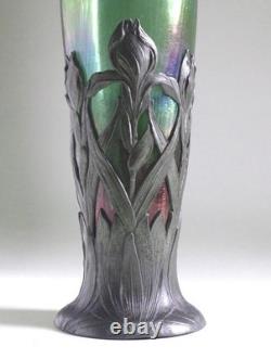 Loetz Glass Antique Art Nouveau Iridescent Glass Vase with Metal Stand c. 1900