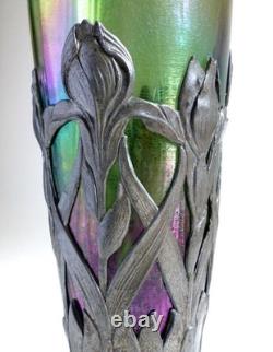 Loetz Glass Antique Art Nouveau Iridescent Glass Vase with Metal Stand c. 1900