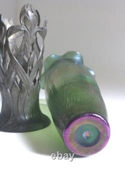 Loetz Glass Antique Art Nouveau Iridescent Glass Vase with Metal Stand c. 1900
